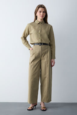 Haki Kemerli %100 Pamuk Dokuma Barrel Pantolon TWOSS26PL00126