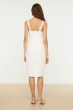 Ekru Vucudu Saran Y?rtmacl? Ask?l? Astarl? Midi Kalem Etek Dokuma Elbise TWOSS19BB0216 - Trendyolmilla фото 5