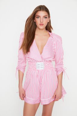 Trendyolmilla X Sagaza Studio Pembe-Beyaz Cizgili Poplin Tulum TPRSS22TU00000