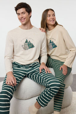 Trendyolmilla Kad?n Couple/Cift Bej %100 Pamuklu Cizgili Y?lbas? Temal? Orme Pijama Tak?m? THMAW25PT00164  фото 3