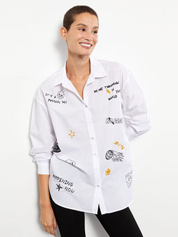 ?nden D??me Kapamal? Bask?l? Uzun Kollu Poplin Kad?n G?mlek