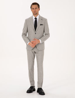 Gri Slim Fit Y_n Ka_mir Kar___ml_ _izgili Tak_m Elbise