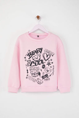 Ac?k Pembe Pamuklu Slogan Bask?l? Bisiklet Yaka Oversize Orme K?z Cocuk Sweatshirt TKDAW26SW00036 - Trendyolmilla фото 2