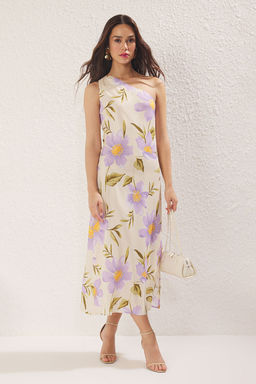 Lila Cicekli A Kesim Tek Kol Midi Dokuma Elbise TWOSS25EL00438 - Trendyolmilla фото 2