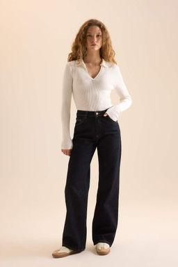 Приталенный свитер в рубчик с воротником-поло - Defacto фото 2