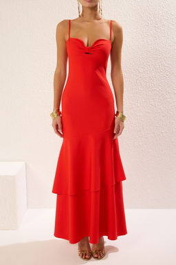 TRENDYOLMILLA Nar Cicegi A-Kesim Cut Out/Pencere Detayl? Dokuma Uzun S?k Abiye Elbise TPRSS25AE00048  фото 3