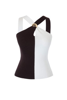 Kahverengi-Ekru Renk Bloklu Gold Tokal? Triko Bluz TWOSS26BZ00314