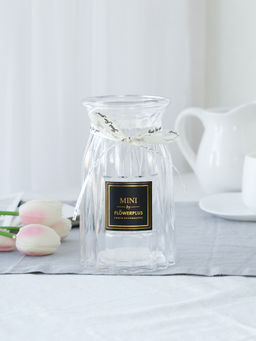 Ваза для цветов 18 см прозрачная с лентой этикетка / WRD-141 /уп 30/ без и/уп