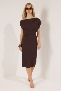 TRENDYOLMILLA Yag Yesili Midi Buzgu/Drape Detayl? Orme Elbise TWOSS25EL00780  фото 2