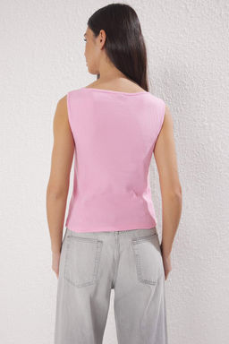 Pembe Dugmeli Fitted/Vucuda Oturan Fitilli Esnek Orme Bluz TWOSS24BZ00306
