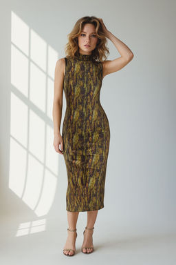 TRENDYOLMILLA Antrasit Dokulu Dik Yaka S?f?r Kol Esnek Orme Midi Kalem Elbise TWOSS24EL00678