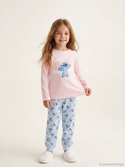 Stitch Bask?l? K?z ?ocuk Penye Pijama Tak?m?