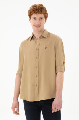 Мужская рубашка цвета хаки с длинным рукавом