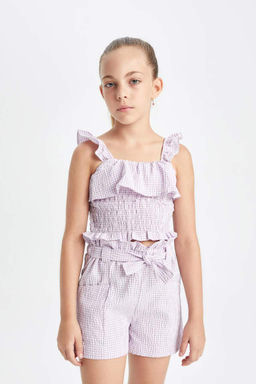 Клетчатые шорты из бумажного пакета для девочек - Defacto фото 3