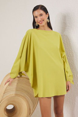 Yag Yesili Dokuma Baglama Detayl? %100 Pamuk Plaj Mini Elbise TBESS25EL00040