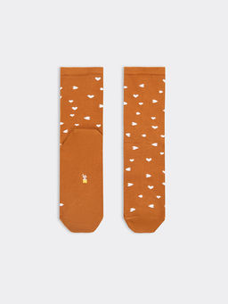 Цена за 5 пар! Высокие детские носки в оттенке кэмел с рисунком в виде сердечек - Mark formelle фото 3