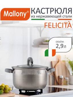 Кастрюля Felicita 2.9л, нерж.сталь, крышка стекло 18х11.5см арт.009387 /MALLONY/