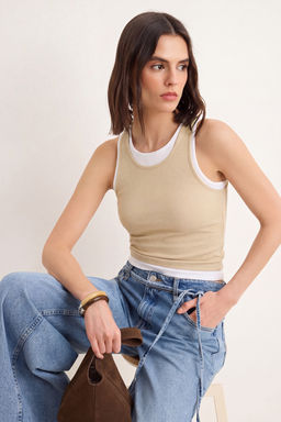 Wardrobe Essentials-Bej _ift Katl_ Fitted/V_cuda Oturan Kolsuz Esnek _rme Atlet TWOSS26AL00009