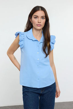 TRENDYOLMILLA Mavi Omuz ve Yaka Nak?s Detayl? Dokuma Gomlek TWOSS22GO0234