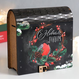 Новогодняя деревянная шкатулка-книга «Снегири» 14×14х6.5 см