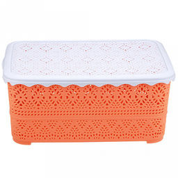 "Домашняя мода" Корзина пластмассовая для хранения "Вышивка" 26,5х19см h11,1см, матовый пластик, с серой крышкой, с ручками, кирпичный (Китай)