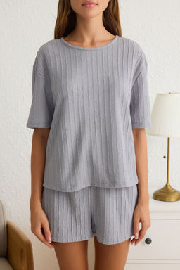 Trendyolmilla Gri Baglama Detayl? Sortlu Dokulu Kalite Orme Pijama Tak?m? THMSS25PT00151  фото 7