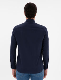 Lacivert Regular Fit D__meli Yaka Pamuklu G_mlek