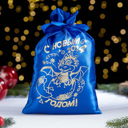 Цена за 5 шт. Мешок новогодний С новым годом. Дракон, 20 х 30см, синий, атлас