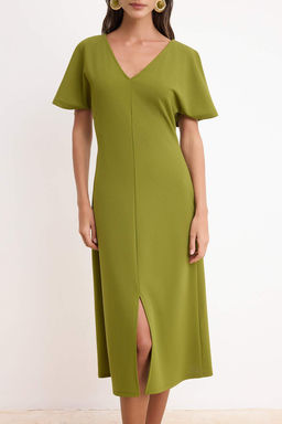 Yag Yesil Bodycon V Yaka Melek Kol K?sa Kollu Krep Orme Elbise TWOSS26EL00471