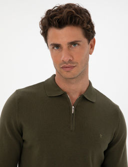 Koyu Haki Slim Fit Polo Yaka Fermuarl_ Basic Triko Kazak