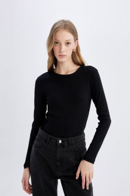 Siyah Slim Fit Dar Kesim Bisiklet Yaka Fitilli Kaskorse Basic Duz Uzun Kollu Tisort
