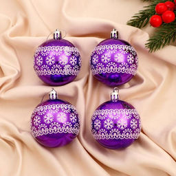 Ёлочные игрушки Кружева природы, шары новогодние, d=6 см, набор 4 шт., бело-фиолетовый