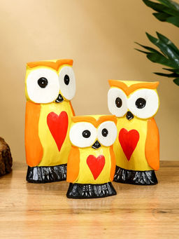 Набор сувенирный Совята с сердечком, h=15 см, h=12.5 см, h=9.5 см, дерево, оранжево-желтый