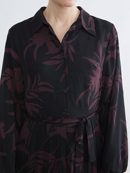 G?mlek Yaka ?i?ekli Pileli ?ifon Elbise