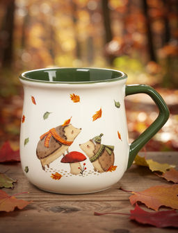 Кружка, 400 мл, керамика D, бело-зеленая, Ежи у гриба, Autumn friends