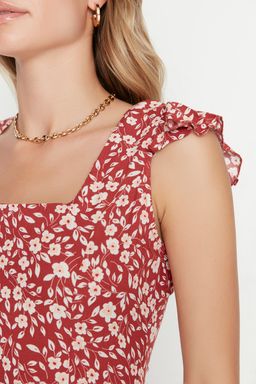 Kiremit Cicek Desenli Kare Yaka A Kesim Viskon Midi Dokuma Elbise TWOSS20EL3331