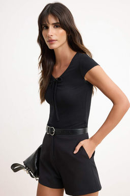 Siyah Fitted/Vucuda Oturan V Yaka Baglama Detayl? Yumusak Orme Bluz TWOSS26BZ00479 - Trendyolmilla фото 2