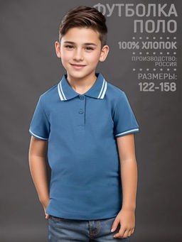 Футболка детская Поло, кор. рукав, цвет Серо-голубой, пике карде, 100% х/б