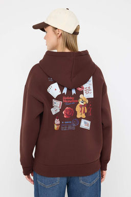 Teen Kahverengi S?rt Bask?l? Oversize Kal?p Kapusonlu Ici Polarl? Orme Sweatshirt TWOAW26SW00126 - Trendyolmilla фото 4