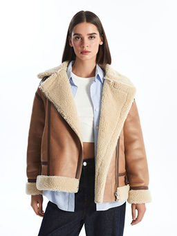 Biker Yaka D?z Oversize Kad?n Deri G?r?n?ml? Mont