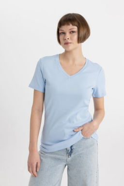 Slim Fit Dar Kesim V Yaka Ribana Basic Duz %100 Pamuk K?sa Kollu Tisort