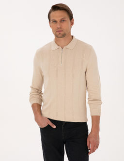 Bej Slim Fit Polo Yaka Fermuarl_ Triko Kazak