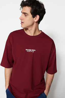 Bordo Oversize/Geni_ Kesim %100 Pamuklu Minimal Yaz_ Bask_l_ T-Shirt TMNSS23TS00099