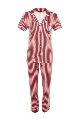 Trendyolmilla Pembe Cizgili Hayvan Bask?l? Gomlek-Pantolon Orme Pijama Tak?m? THMSS21PT0878