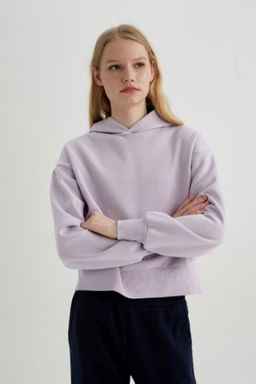 Boxy Fit Kapusonlu Kal?n Basic Duz Sweatshirt