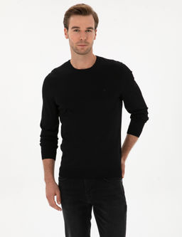 Siyah Slim Fit Bisiklet Yaka Triko Kazak