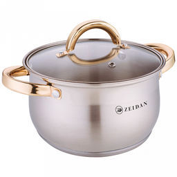 "Zeidan" Кастрюля из нержавеющей стали 6,6л, д24см, стеклянная крышка, ручки "под золото", комбинированная полировка снаружи, матовая полировка внутри, 5-ти степовое капсулированное индукционное дно, подарочная упаковка (Китай) Подходит для индукцио