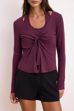 Murdum Fitted/Vucuda Oturan V Yaka Uzun Kollu Yumusak Orme Bluz TWOSS26BZ00269