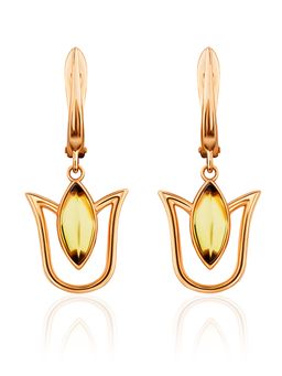 Утончённые позолоченные серьги с ярко-лимонным янтарём Тюльпан