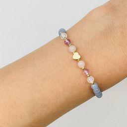 Браслет детский из Ангелита, Аметиста и Розового кварца со вставкой Сердце